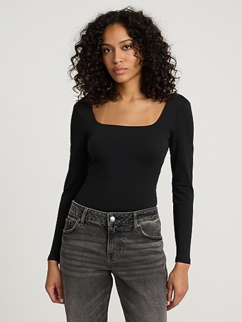 Express Body Contour Black Square Neck Long Sleeve Top Size S